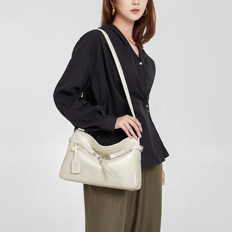 CNOLES Cow Leather Tote Shoulder Bag, Crossbody Bag Regular Women's Cream White-1