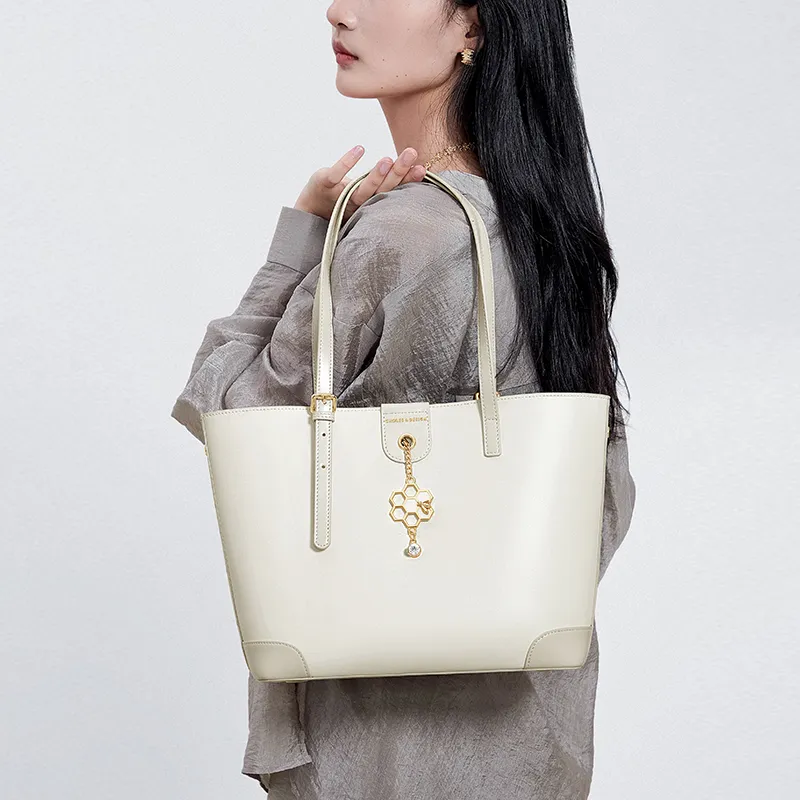 CNOLES Synthetic Leather Large Capacity Tote Bag Shoulder Bag Regular Women's White Honey-4