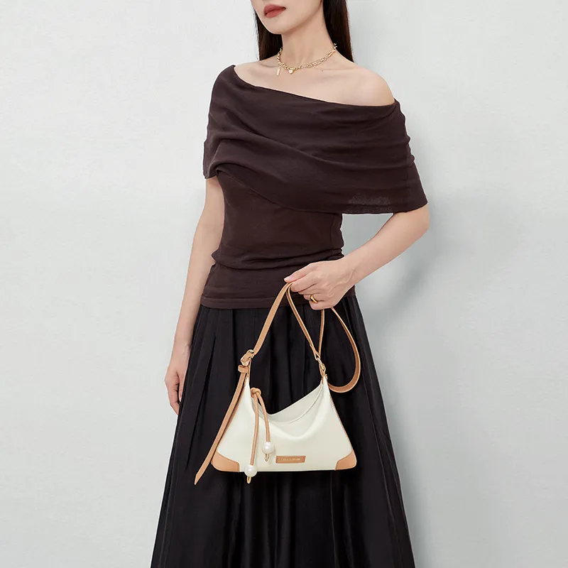 CNOLES Cow Leather Shoulder Bag Women's Apricot Milkshake-6
