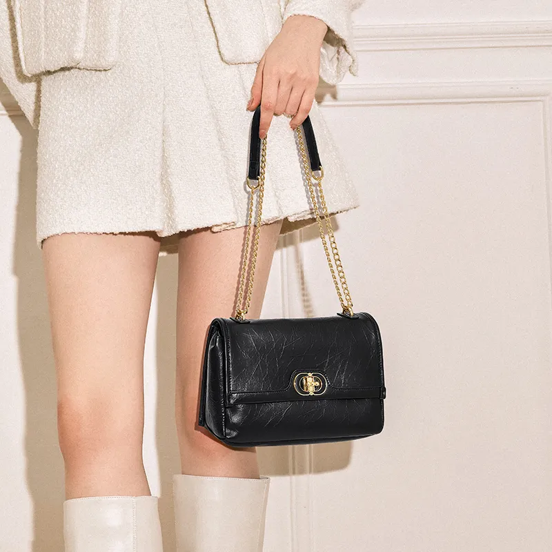 CNOLES Waxed Leather Shoulder Bag, Crossbody Bag Large Size Small Size Women's Cream White/Midnight Black-1