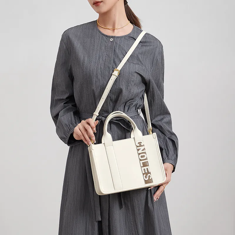 CNOLES Cow Leather Handbag Crossbody Bag Shoulder Bag Large Size Women's Cream White-5