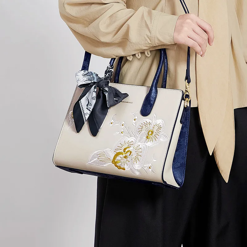 CNOLES Cow Leather One Shoulder Handbag Women's Beige White & Blue-10