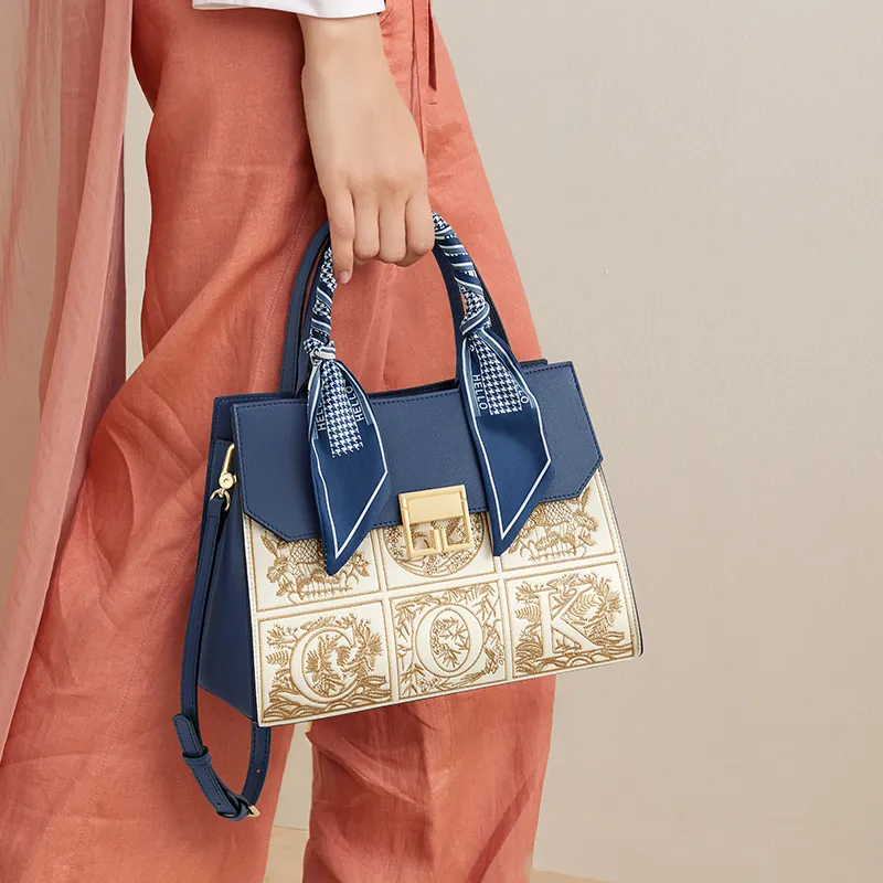 CNOLES Cow Leather Handbag, Shoulder Bag, Crossbody Bag Medium Size Women's Apricot Blue-5