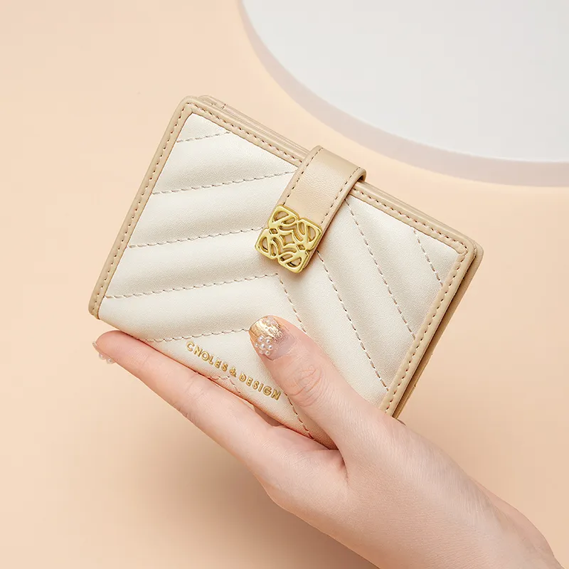CNOLES Split Cow Leather With Synthetic Leather Wallet, Card Holder Regular Women's Apricot White-5