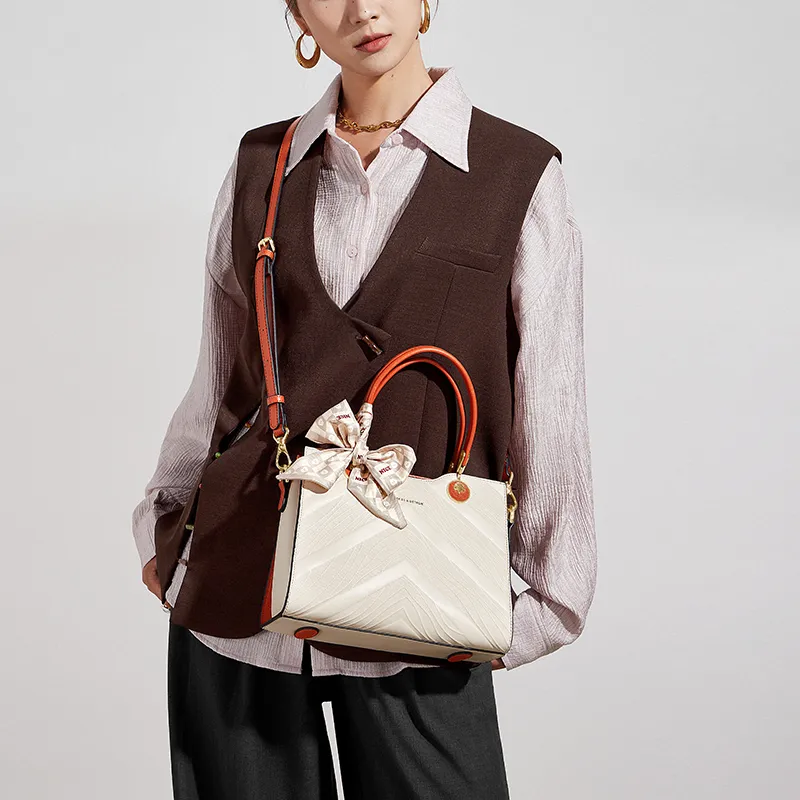 CNOLES Cow Leather Handbags Shoulder Bag Crossbody Bag Medium Size Women's Orange Milkshake-5