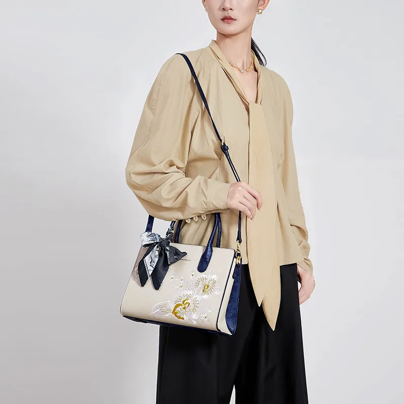 CNOLES Cow Leather One Shoulder Handbag Women's Beige White & Blue-13