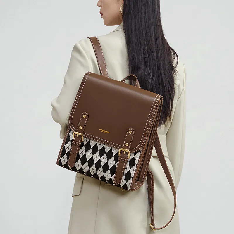 CNOLES Cow Leather Backpack Women's Mousse Brown Plaid/Mousse Black Plaid-4