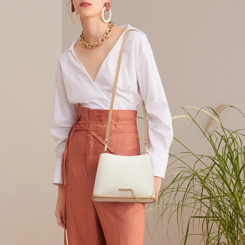 CNOLES Cow Leather Bucket Bag, Crossbody Bag, Shoulder Bag Women's Coconut Cloud Latte-3