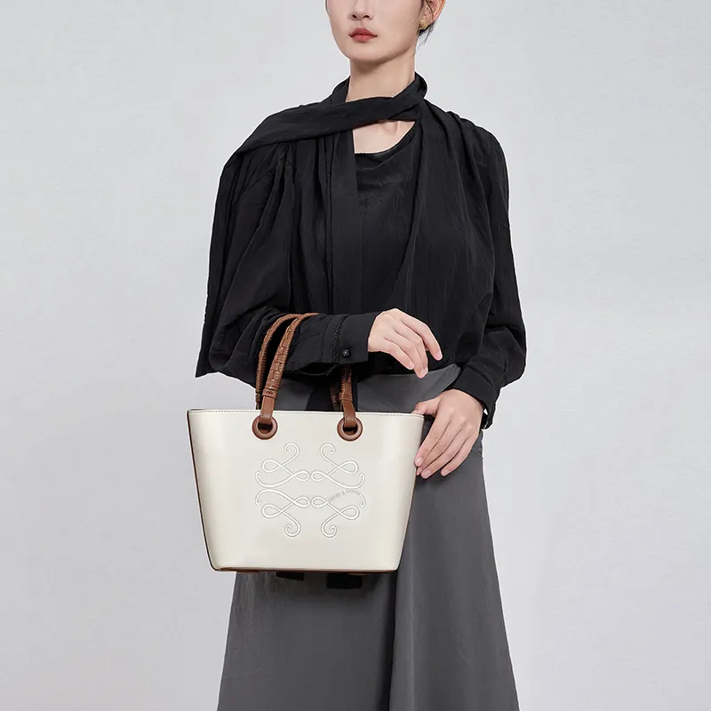 CNOLES Synthetic Leather Mom Bag Crossbody Bag Shoulder Bag Basket Bag Regular Women's Cream White-4