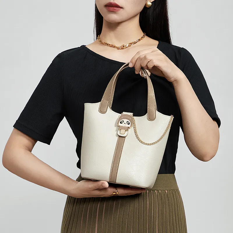 CNOLES Cow Leather Handbag Bucket Bag Shoulder Bag Crossbody Bag Regular Women's Cream White-4