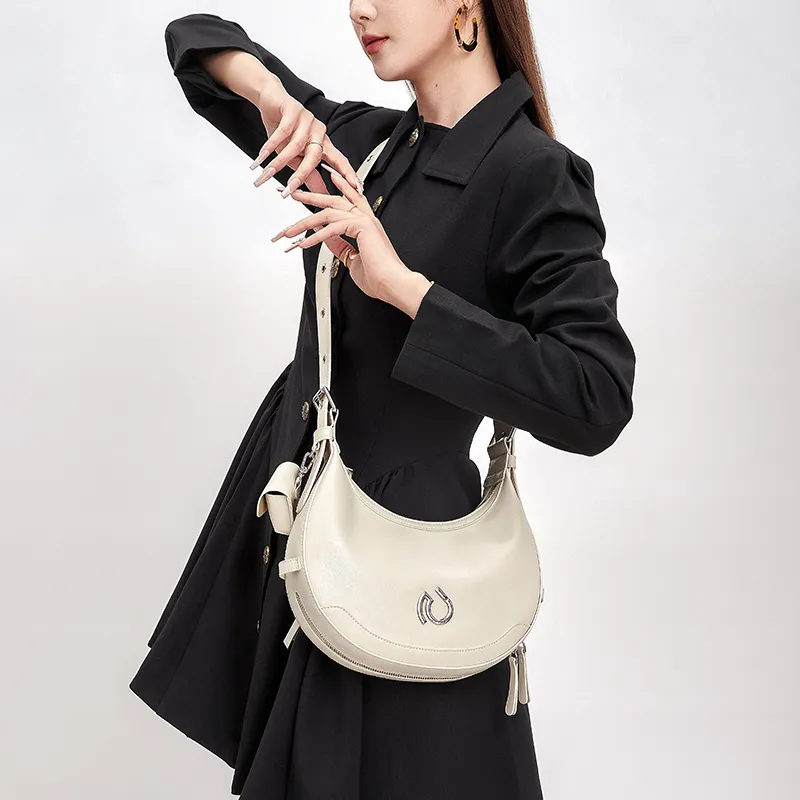 CNOLES Cow Leather Shoulder Bag, Crossbody Bag Regular Women's Cream White-4
