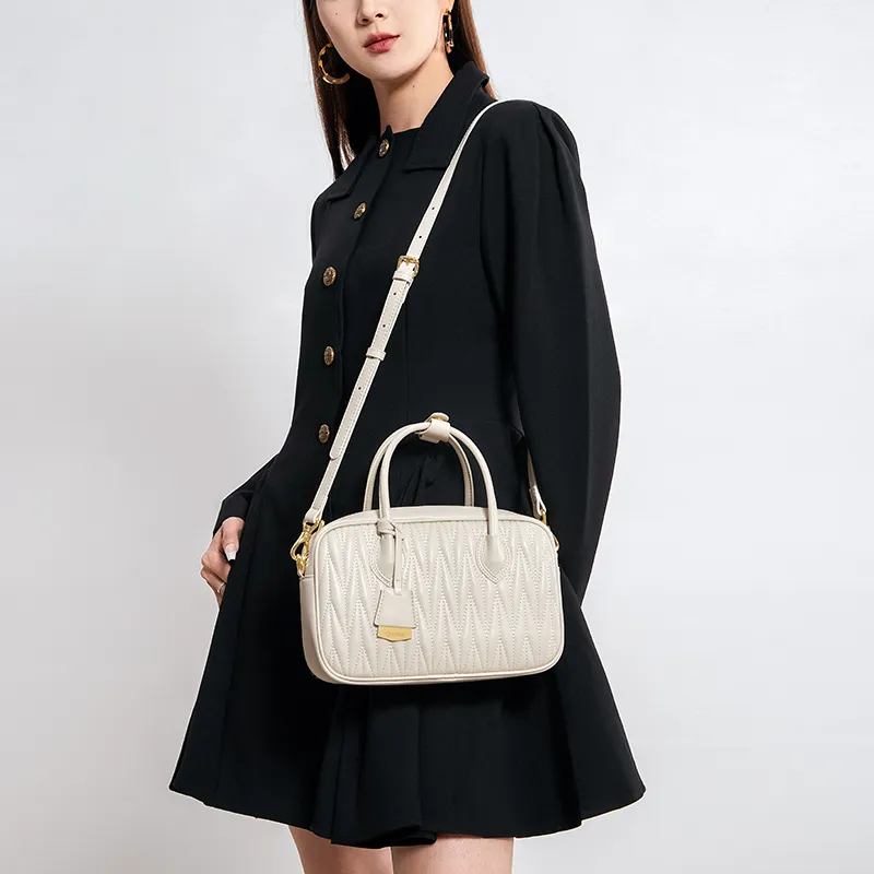 CNOLES Cow Leather Bowling Bag, Handbag Regular Women's Ecru/Black-5