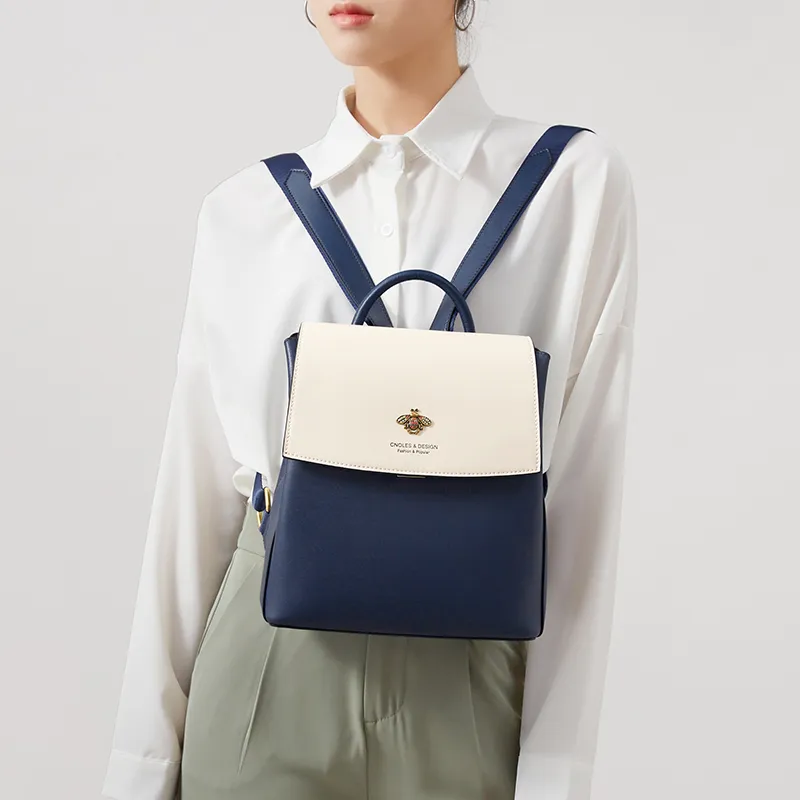 CNOLES Cow Leather Travel Backpack Women's Beige White & Blue-6