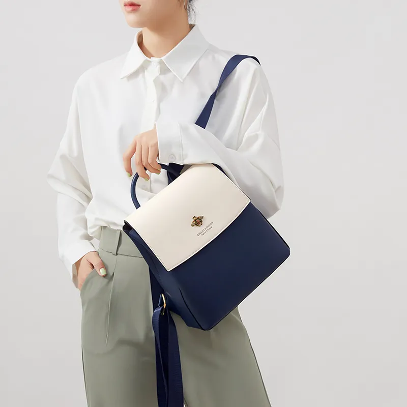 CNOLES Cow Leather Travel Backpack Women's Beige White & Blue-5