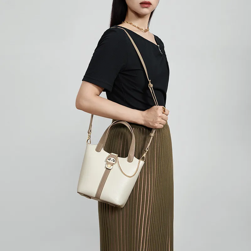 CNOLES Cow Leather Handbag Bucket Bag Shoulder Bag Crossbody Bag Regular Women's Cream White-7