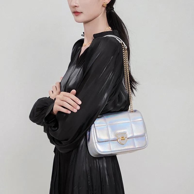 CNOLES Cow Leather Handbag, Shoulder Bag, Crossbody Bag, Small Square Bag Regular Women's Shimmering Silver-4