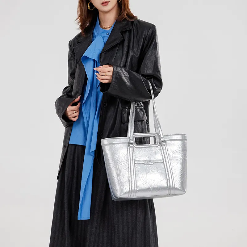 CNOLES PU Tote Bag, Shopping Bag, Shoulder Bag Regular Women's Silver-5