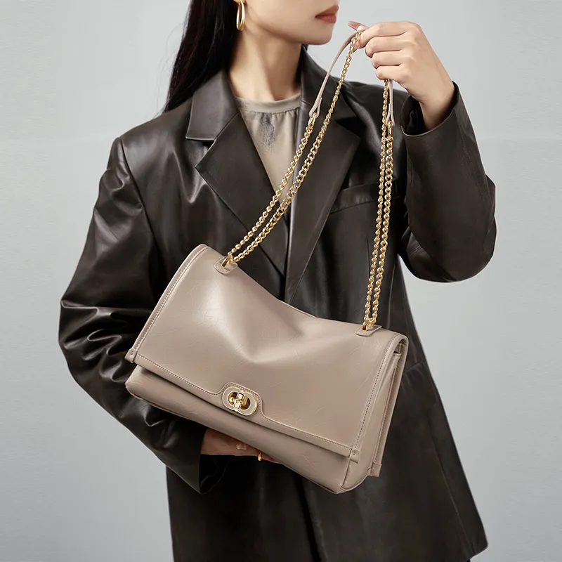CNOLES Waxed Leather Shoulder Bag, Crossbody Bag Large Size Small Size Women's Cream White/Midnight Black-15