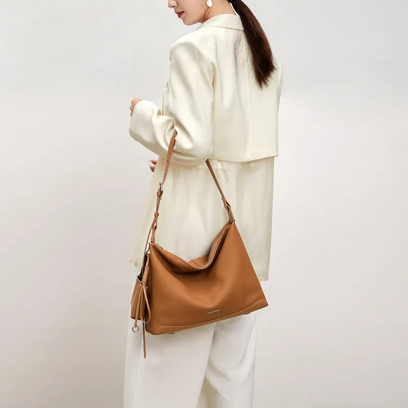 CNOLES Top Grain Cow Leather Hobo Bag Shoulder Bag Women's Black/Yellow Brown-11