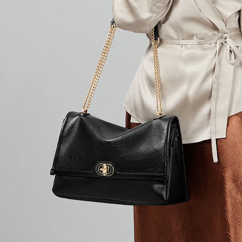 CNOLES Waxed Leather Shoulder Bag, Crossbody Bag Large Size Small Size Women's Cream White/Midnight Black-10