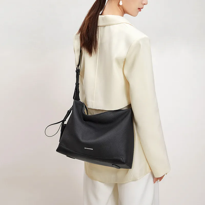 CNOLES Top Grain Cow Leather Hobo Bag Shoulder Bag Women's Black/Yellow Brown-5