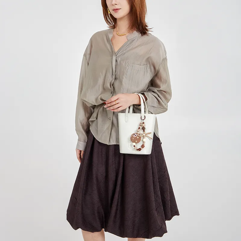 CNOLES Cow Leather Handbag, Shoulder Bag, Crossbody Bag Regular Women's Cream White-5
