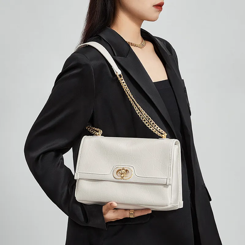 CNOLES Waxed Leather Shoulder Bag, Crossbody Bag Large Size Small Size Women's Cream White/Midnight Black-4