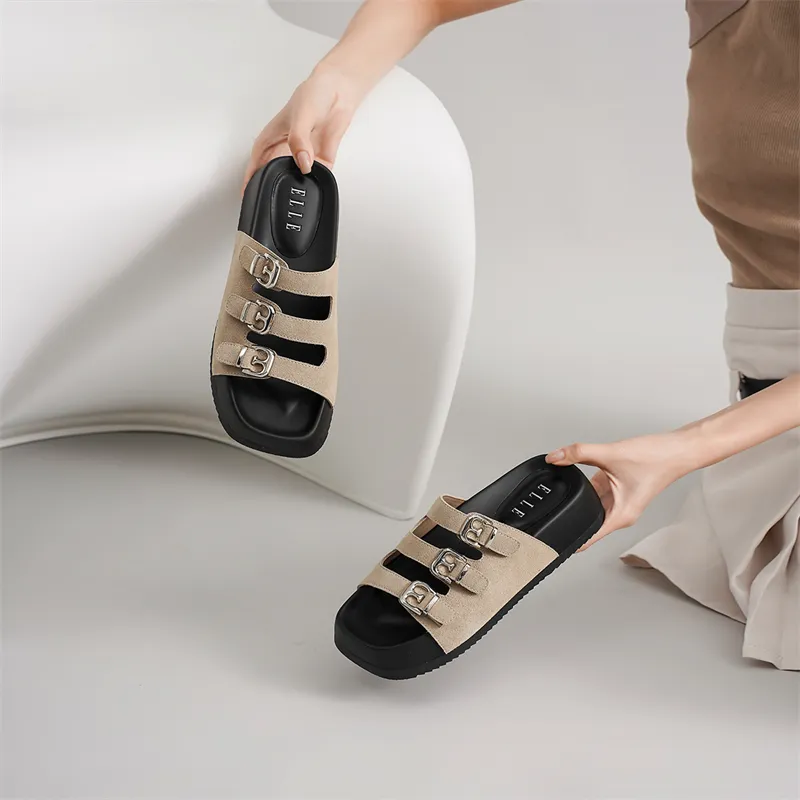 ELLE Slide Slippers Women's Black/Sand/Apricot-7