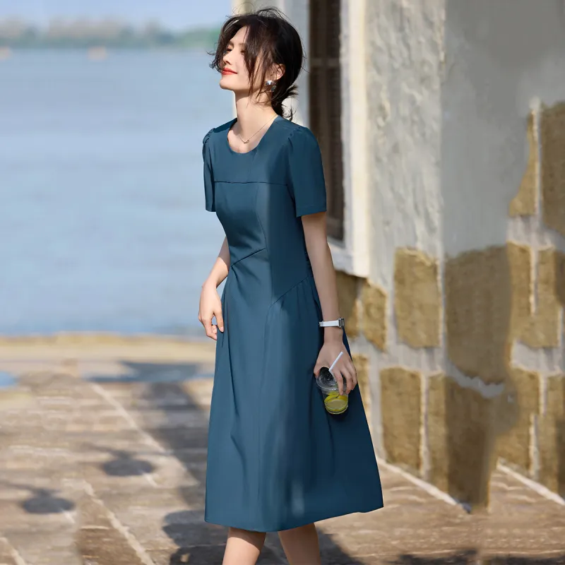LUYOUYE Short Sleeved Dress Women's Peacock Blue-5