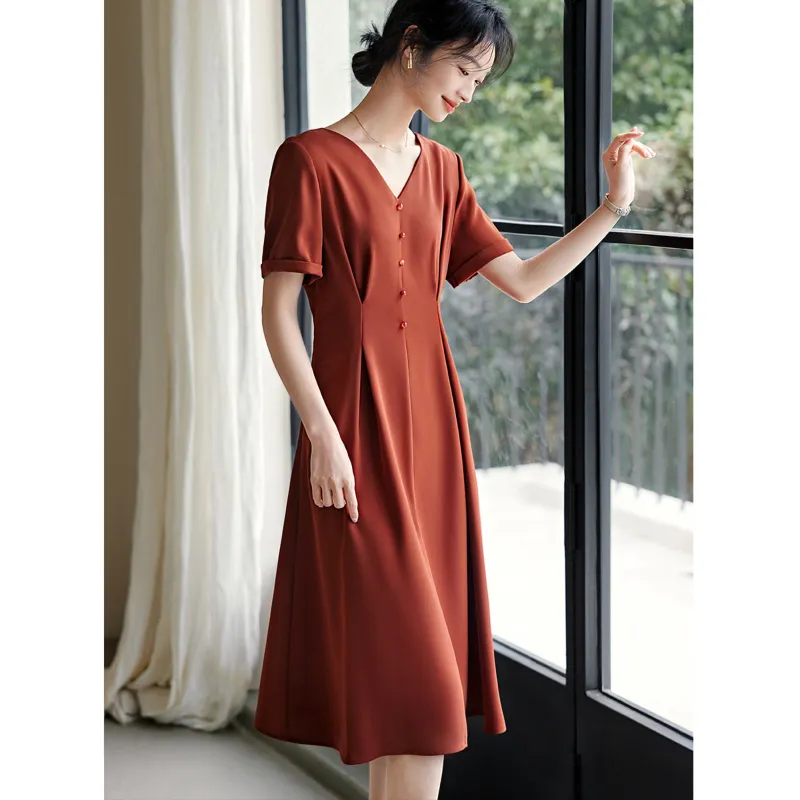 LUYOUYE Short Sleeved Dress Women's Brick Red-4