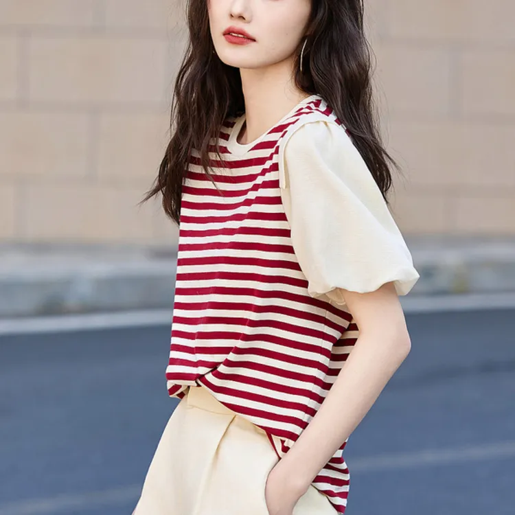 LUYOUYE Lantern Sleeve T Shirt Women's Dark Red-2
