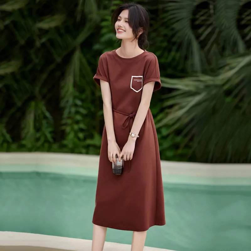 LUYOUYE Short Sleeved Dress Women's Brick Red-4