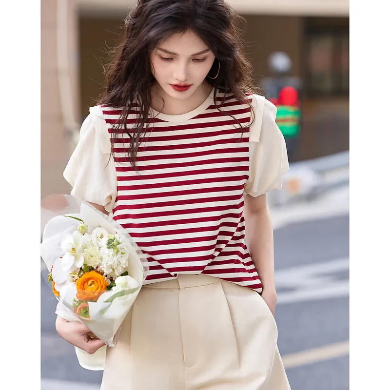LUYOUYE Lantern Sleeve T Shirt Women's Dark Red-3