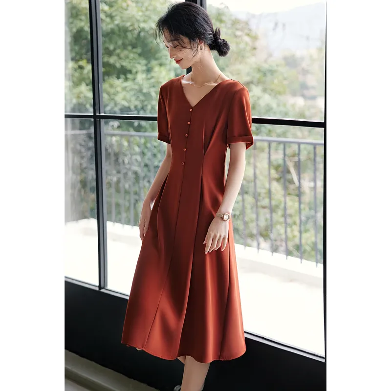 LUYOUYE Short Sleeved Dress Women's Brick Red-3