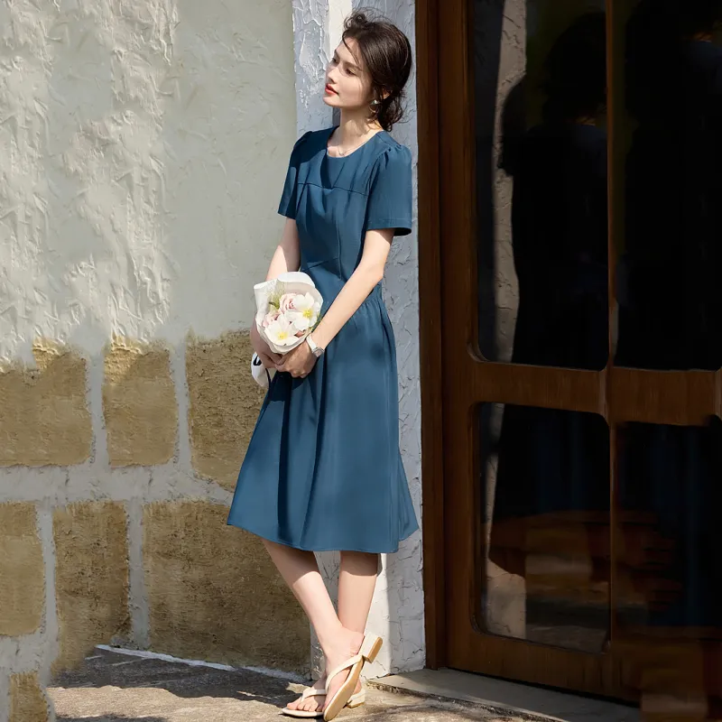 LUYOUYE Short Sleeved Dress Women's Peacock Blue-4
