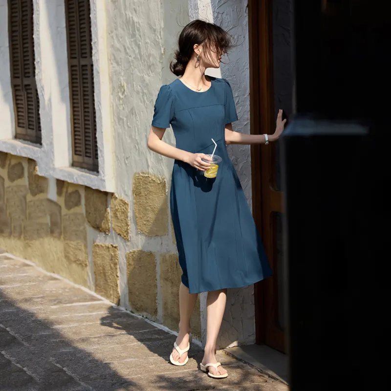 LUYOUYE Short Sleeved Dress Women's Peacock Blue-2