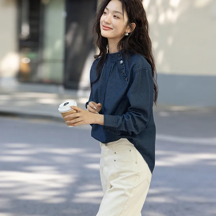LUYOUYE Shirt Women's Dark Denim Blue-1