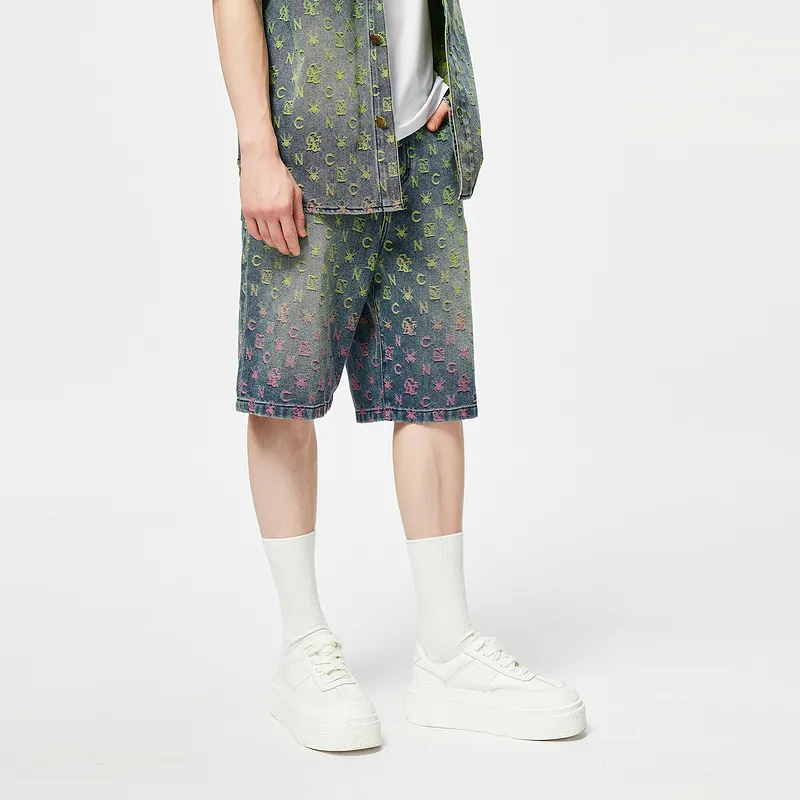 C'N'C Trend Series Denim Shorts Men's Green Pattern-4