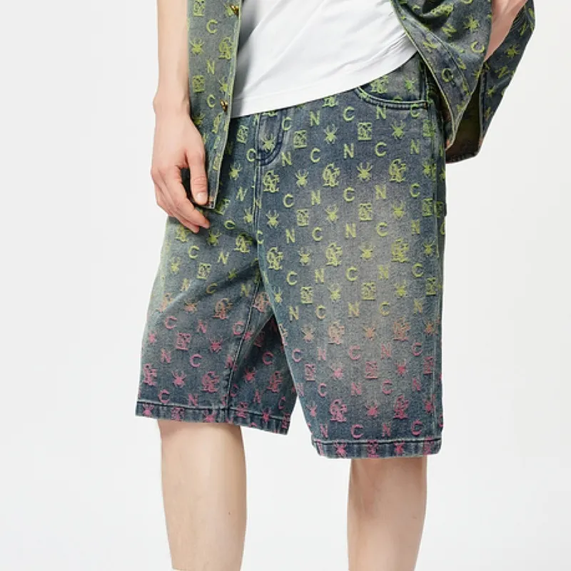 C'N'C Trend Series Denim Shorts Men's Green Pattern-3
