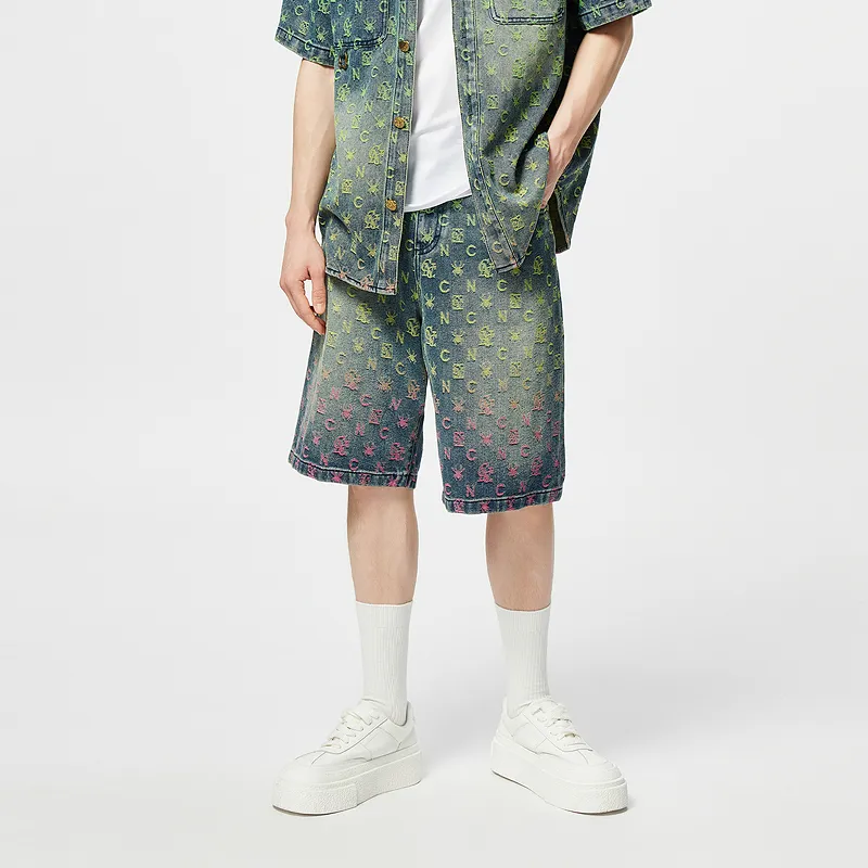 C'N'C Trend Series Denim Shorts Men's Green Pattern-2