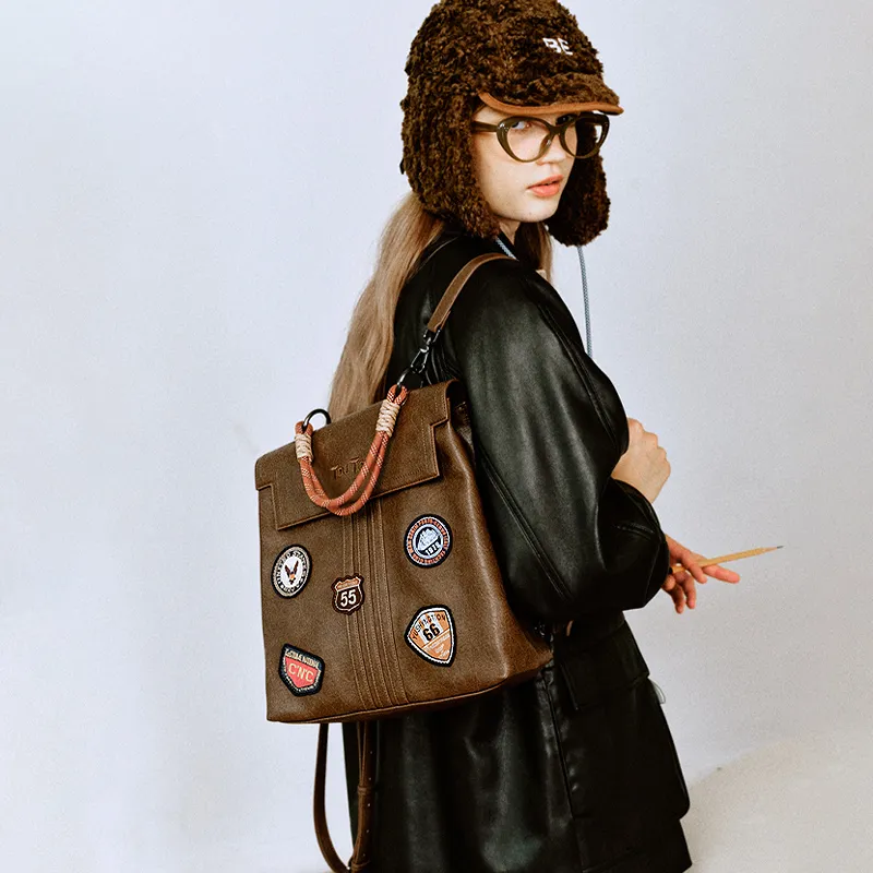 TOUTOU PU Backpack Handbag Tubas Women's American Chestnut Brown-1