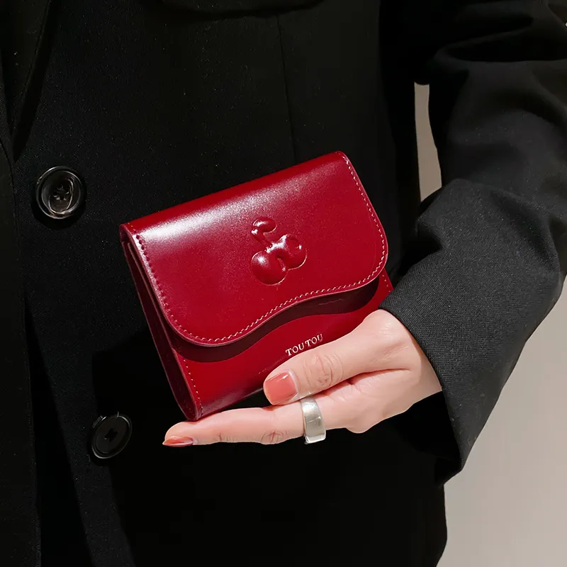 TOUTOU Cow Leather Wallet Women's Cherry Red/Strawberry Pink-4