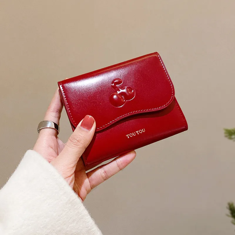 TOUTOU Cow Leather Wallet Women's Cherry Red/Strawberry Pink-5