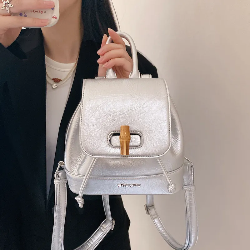 TOUTOU PU Backpack Handbag Medium Size Women's Cream White/Raw Chocolate-5