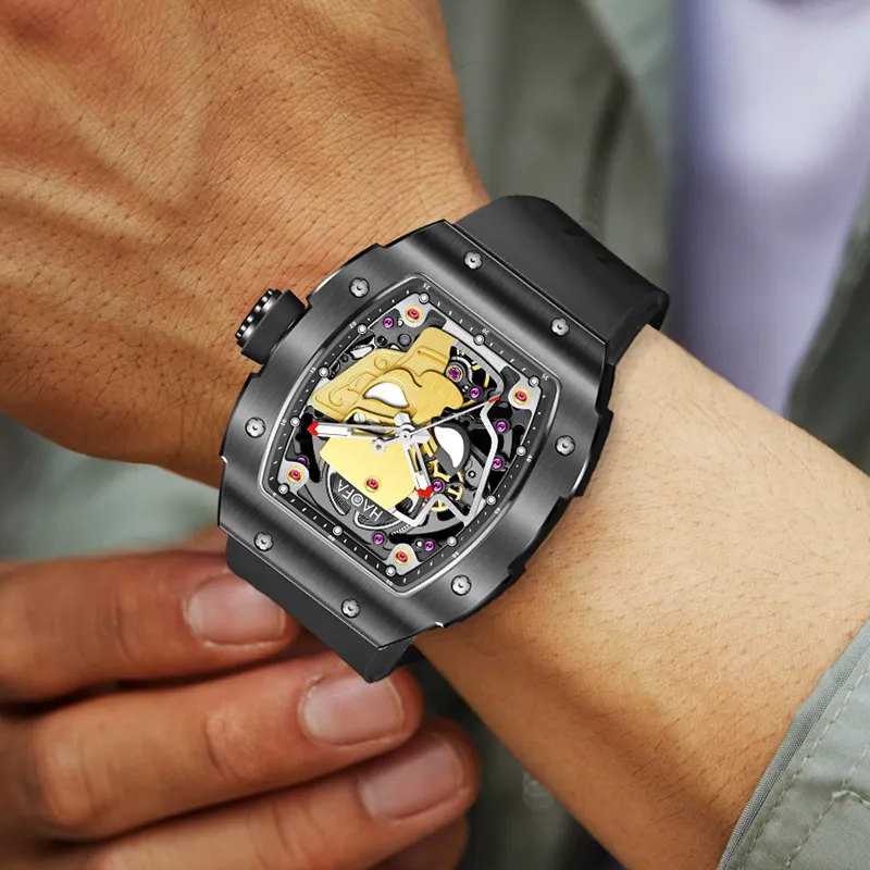 HaofaTourbillon Mechanical Movement Rubber Strap Watch Men's Watches Black Dial-3