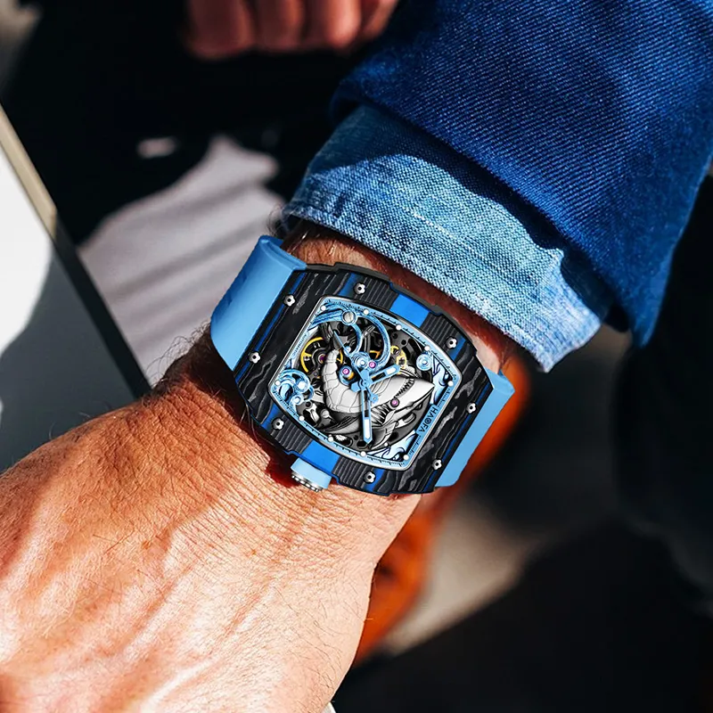 HaofaTourbillon Automatic Mechanical Movement Rubber Strap Watch Men's Watches Cut Out Dial-5