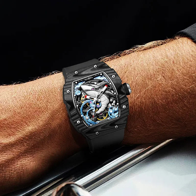HaofaTourbillon Automatic Mechanical Movement Rubber Strap Watch Men's Watches Cut Out Dial-1