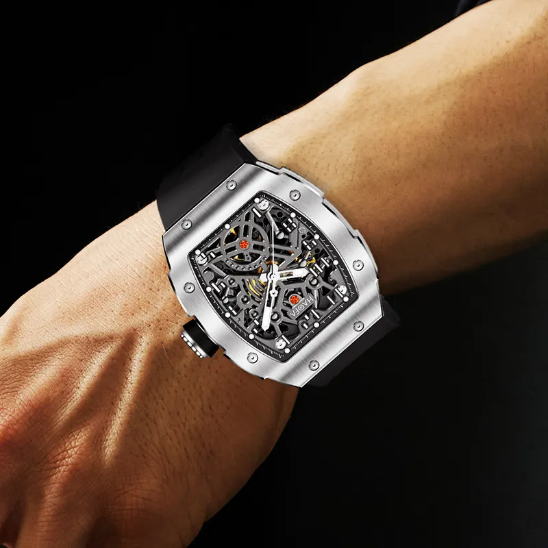 HaofaTourbillon Automatic Mechanical Movement Rubber Strap Watch Men's Watches Cut-Out Dial 1923A-A-2
