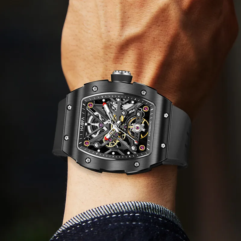HaofaTourbillon Mechanical Movement Rubber Strap Watch Men's Watches Cut-Out Dial-9