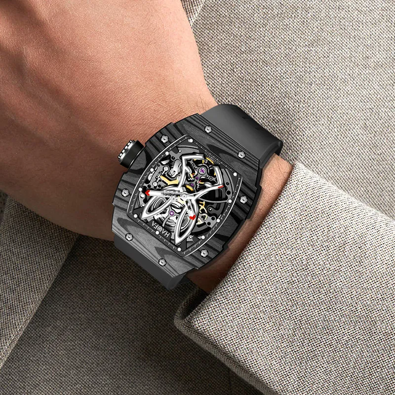 HaofaTourbillon 1985 Automatic Mechanical Movement Rubber Strap Watch Men's Watches Black Dial-1